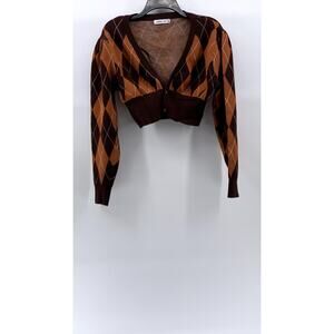 APEA Women's Brown-Orange Plaid Puff Long Sleeve Cropped Cardigan SZ M